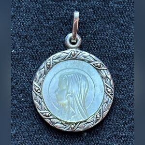Vintage 835 Silver Italian ROMA Mother Mary Mother Of Pearl & Marcasite Pendant